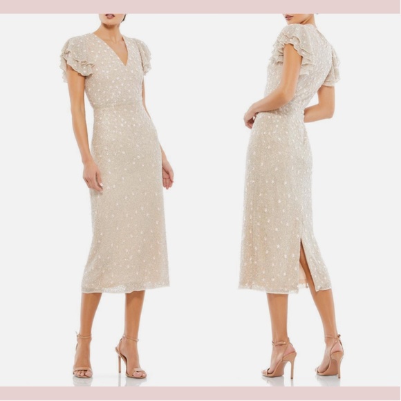 NEW $498 Mac Duggal‎ [ 6 ] Beaded V-Neck Flutter Sleeve A-Line Midi Dress - Picture 1 of 15